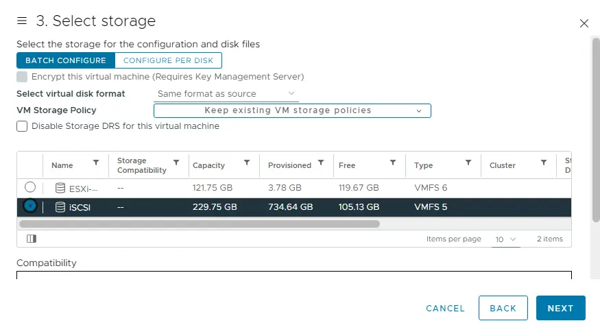 Clone virtual machine select storage