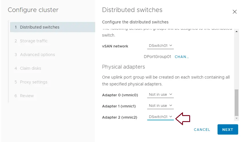 Cluster distributed switch physical adapter