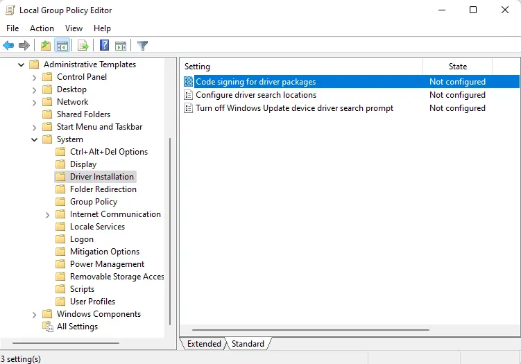 Code signing for driver package settings