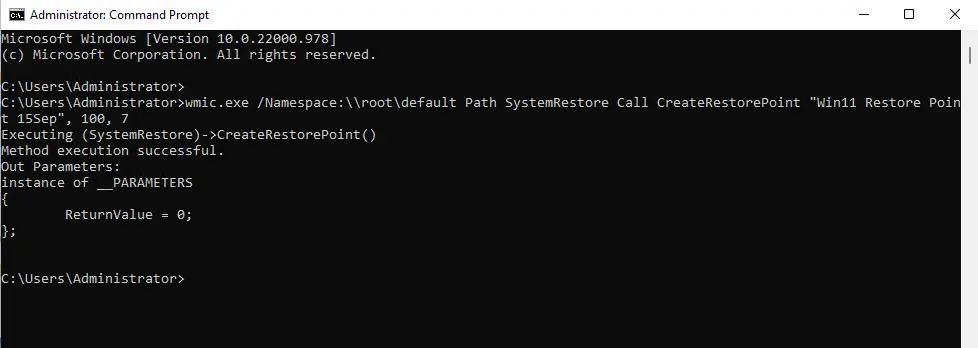 Command prompt create restore point