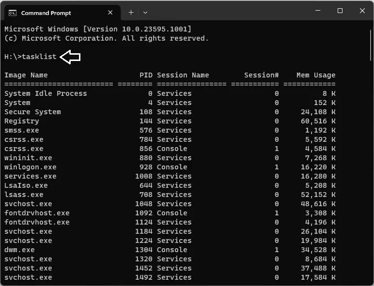 Command prompt tasklist