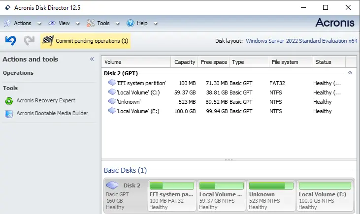 Commit pending operation Acronis