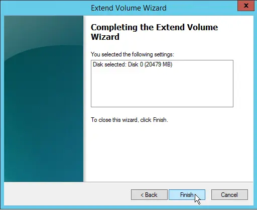 Completing extend volume wizard