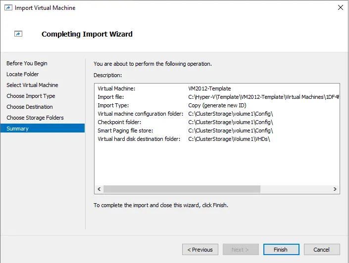 Completing import wizard Hyper-V