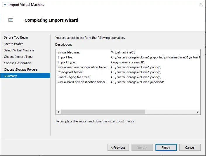 Completing import wizard Hyper-V