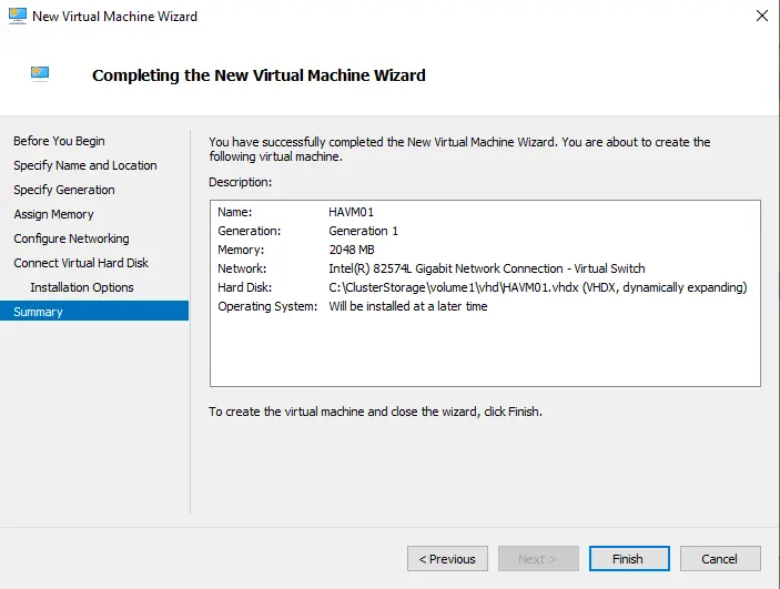 Completing new virtual machine wizard