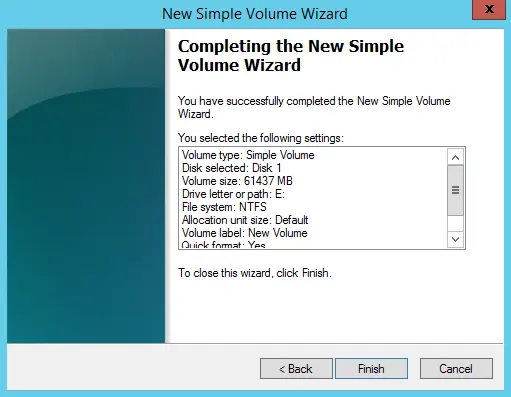 Completing new volume wizard