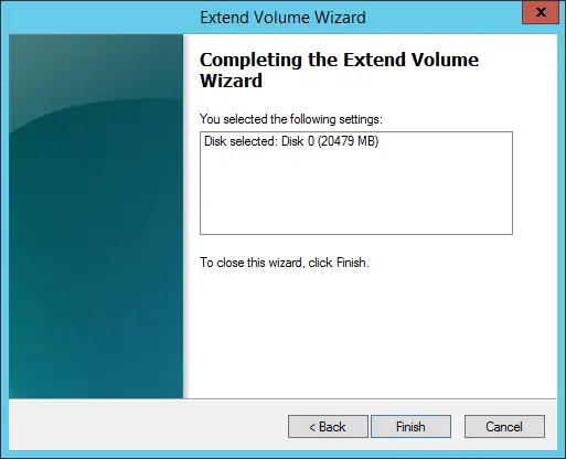 Completing the extend volume wizard