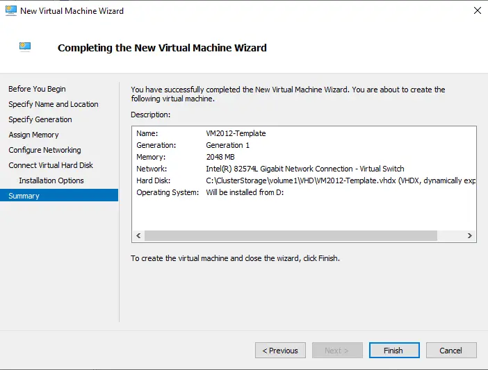 Completing the new VM wizard