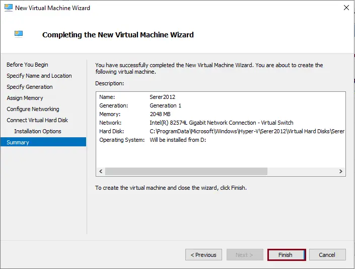 Completing the new virtual machine wizard