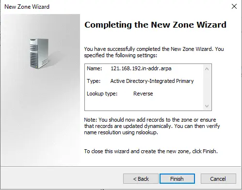 Completing the new zone wizard