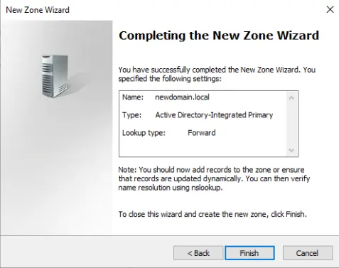 Completing the new zone wizard