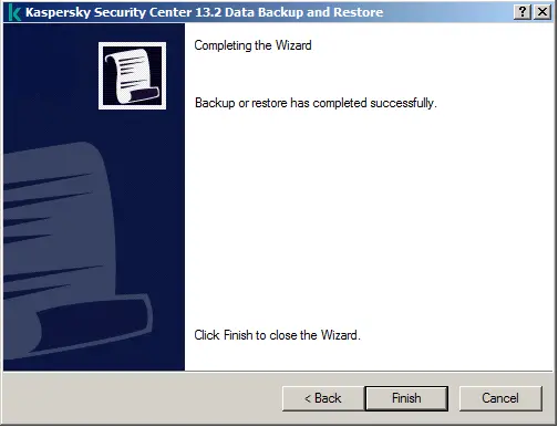 Completing the wizard Kaspersky klbackup