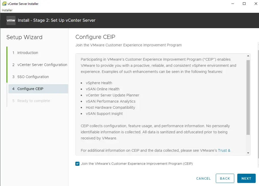 Configure CEIP set up vCenter server