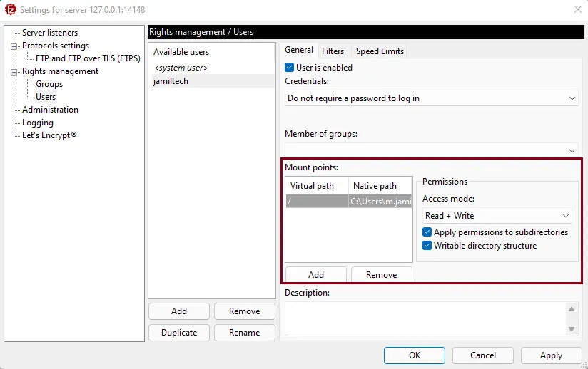 Configure FileZilla FTP shared folder