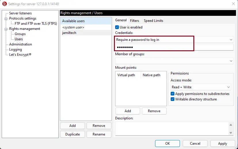 Configure FileZilla server user credentials