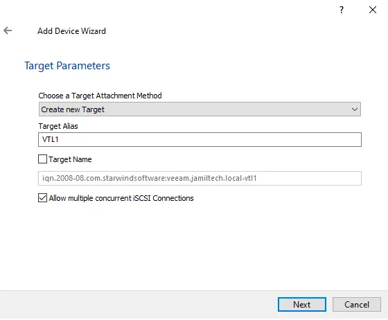 Configure StarWind virtual tape target parameter