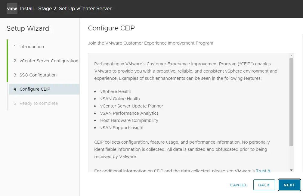 Configure VCSA CEIP configuration