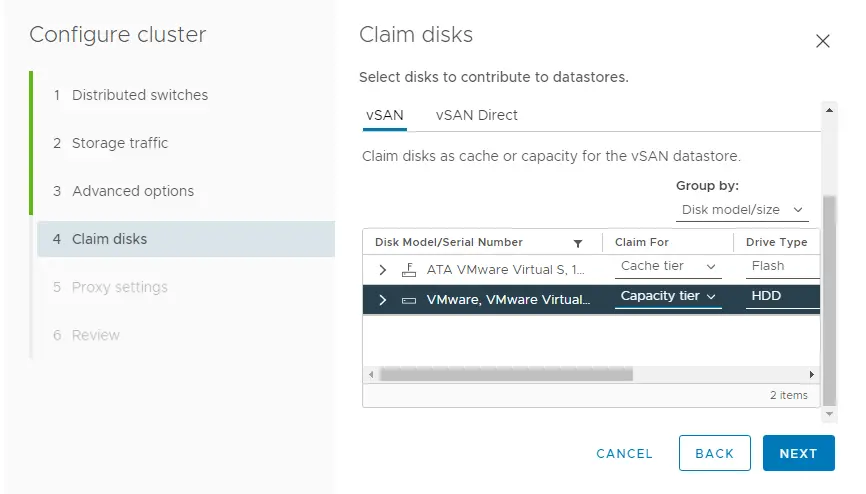 Configure cluster claim disks