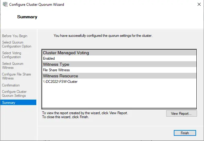 Configure cluster quorum summary