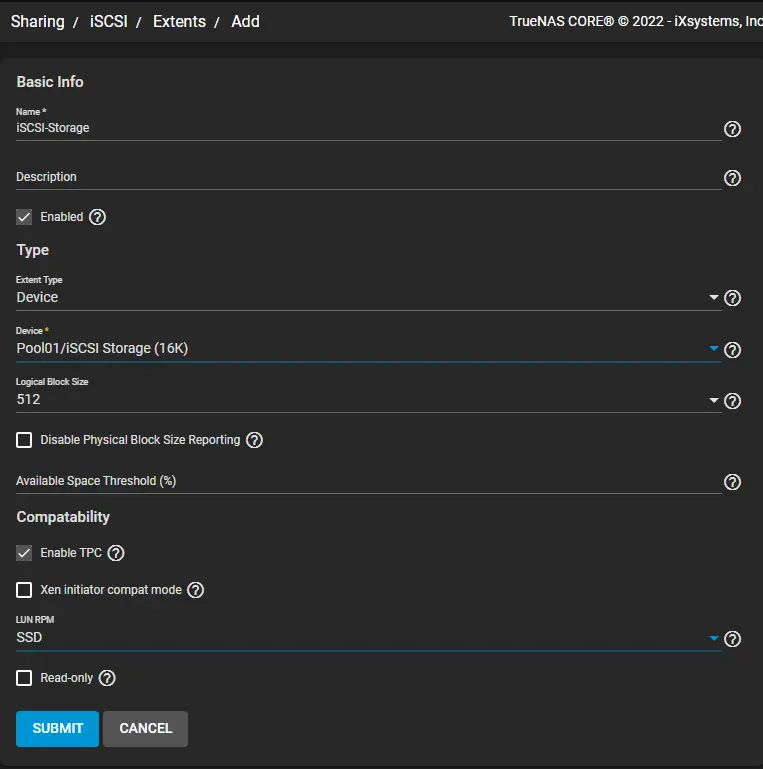 Configure extents in truenas