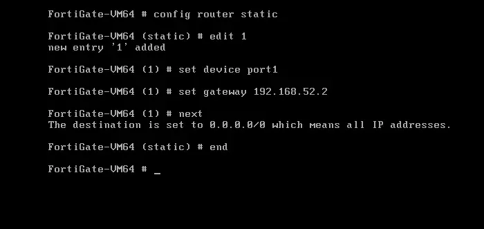 Configure fortigate VM default gateway