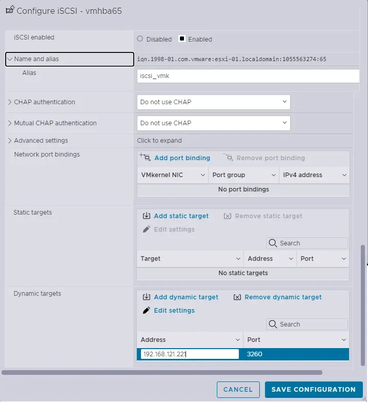 Configure iSCSI vmhba65