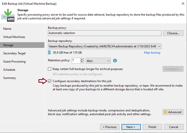 Configure secondary destinations for this job