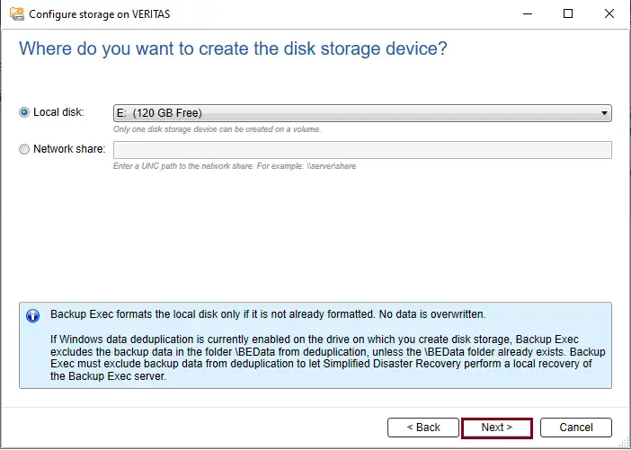 Configure storage BackupExec local disk