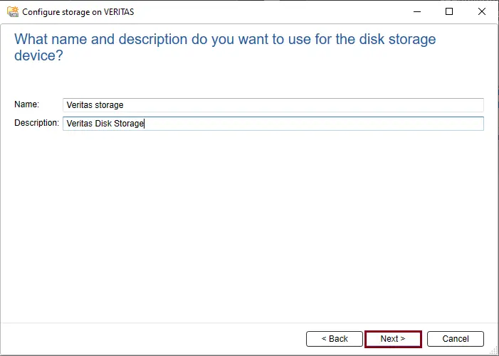 Configure storage name Backup Exec