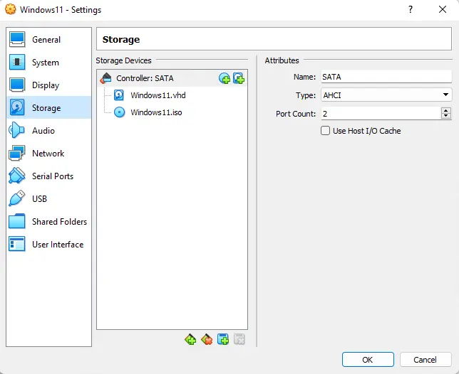 Configure virtual machine in virtualbox storage