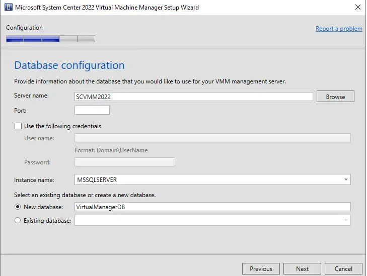 Configure virtual machine manager database