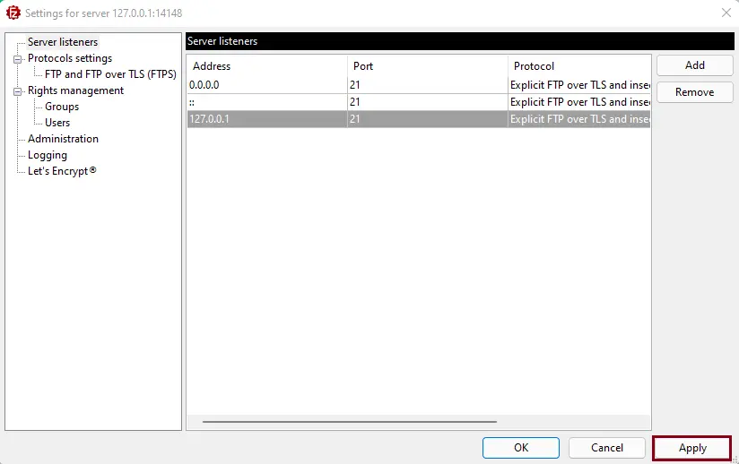 Configuring the new FileZilla server