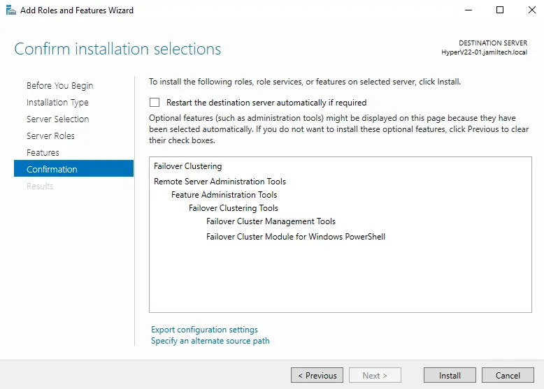 Confirm hyper-v clustering installation selections