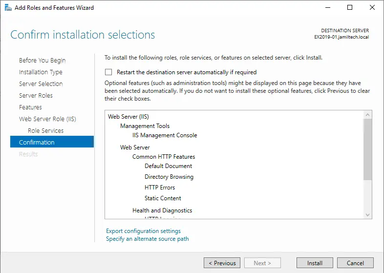 Confirm installation selection IIS