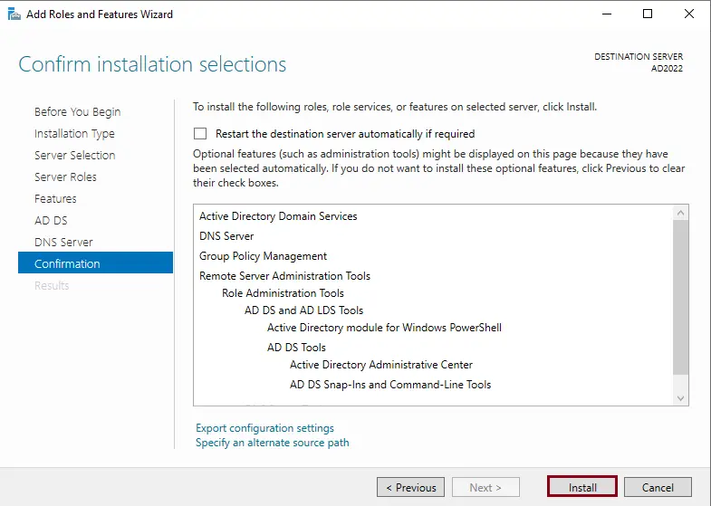 Confirm installation selections Active Directory