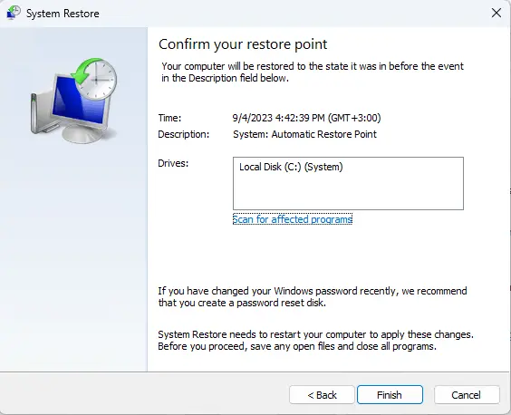 Confirm your restore point