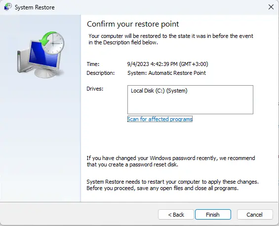 Confirm your restore point