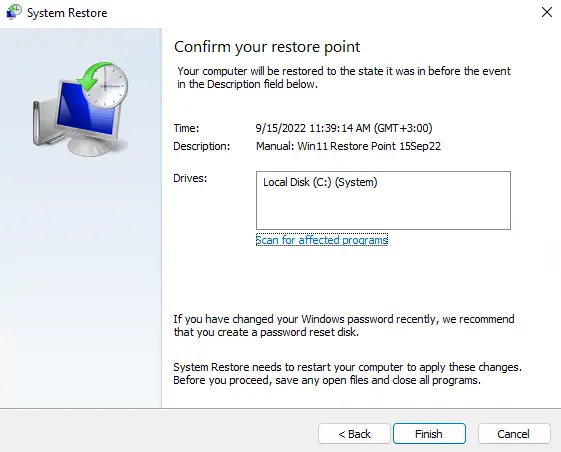 Confirm your restore point