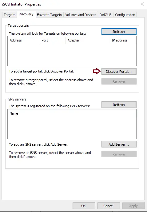 Connect iSCSI initiator properties discovery