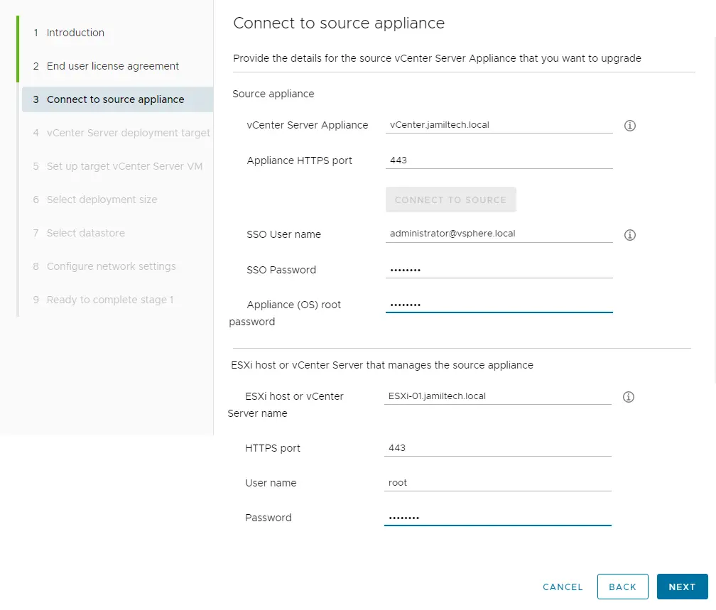 Connect to source appliance