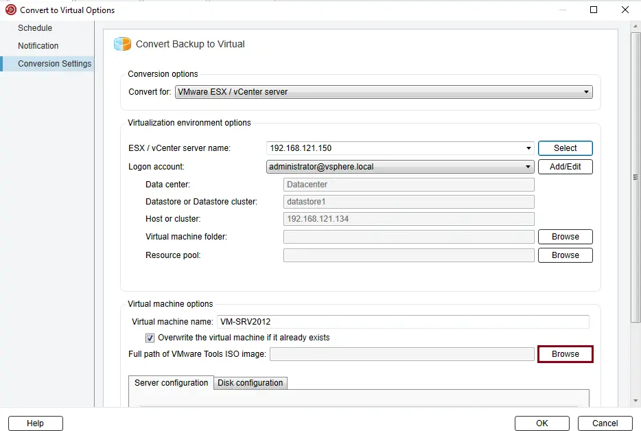 Convert backup to virtual machine