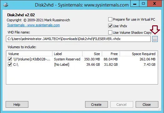 Convert physical server to virtual disk2vhd