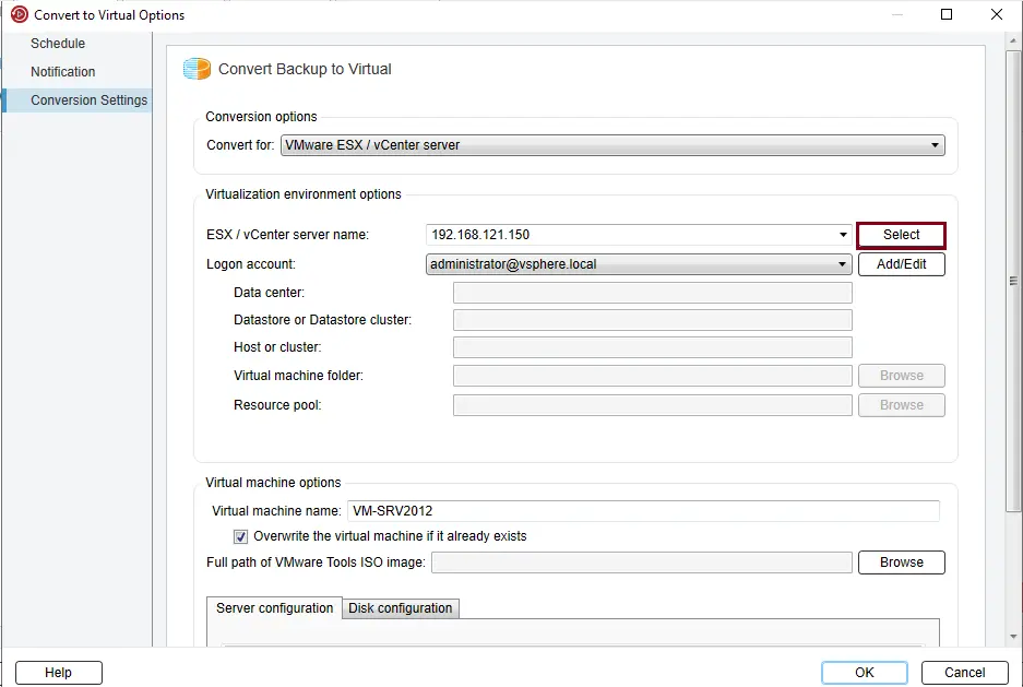 Convert to virtual machine conversion settings