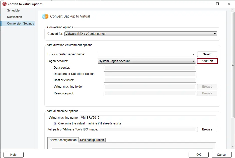 Convert to virtual machine conversion settings