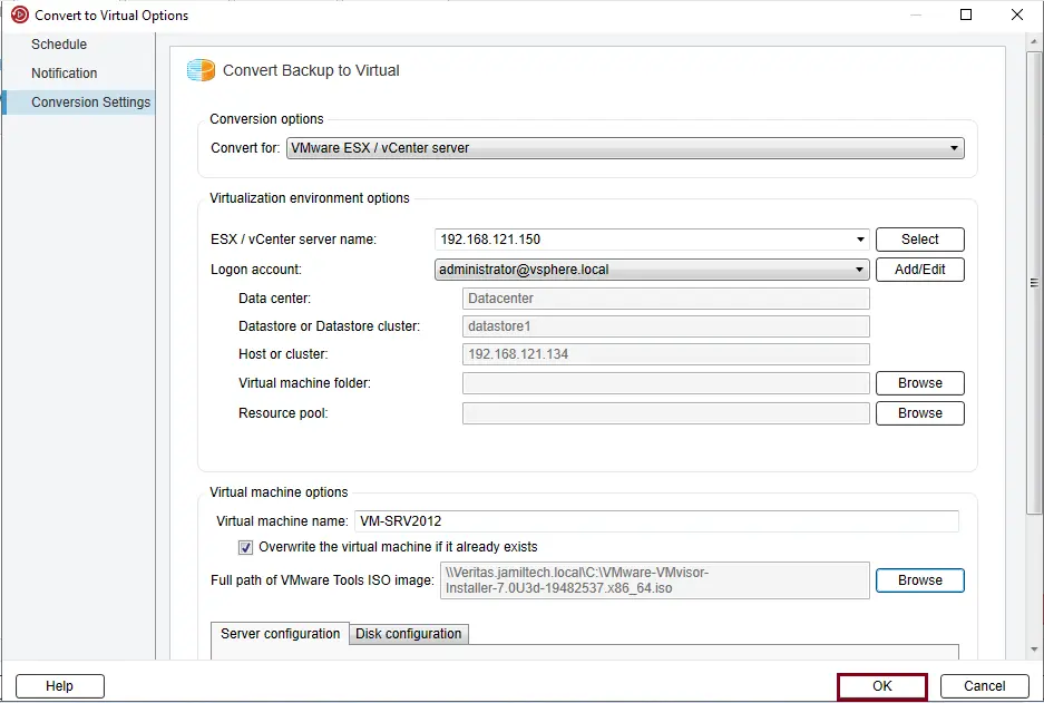 Convert to virtual machine veritas