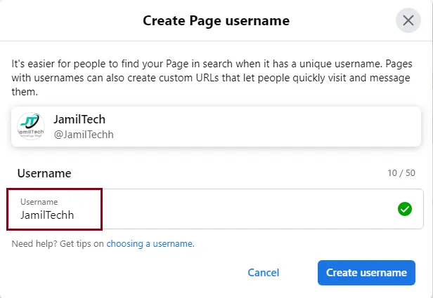 Create Facebook page username