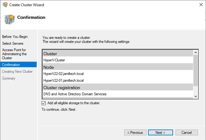 Create Hyper-V cluster confirmation