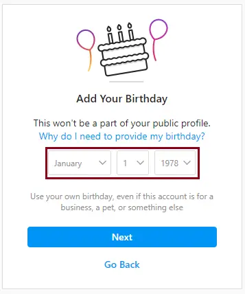 Create Instagram account add birthday