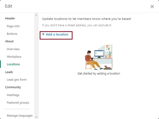 Create LinkedIn page add location